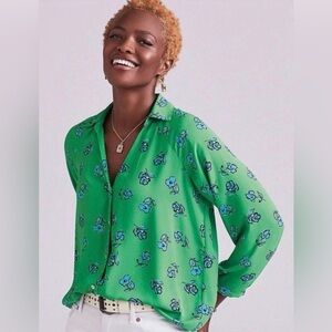 Cabi #5891 Go To Blouse Green Blue Floral Button-Down Size S